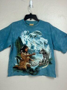 The Mountain Blue Tie Dye T Shirt Indigenous Woman Wolfs S Dakota USA vtg